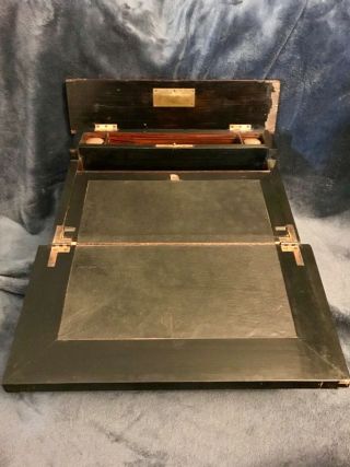 Antique Writing Travel Lap Desk Letter Box Inlaid Burl Wood Double Ink Wells 2