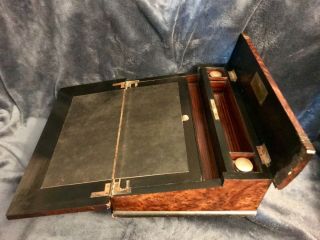Antique Writing Travel Lap Desk Letter Box Inlaid Burl Wood Double Ink Wells 3
