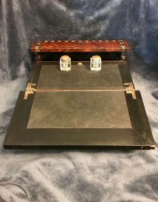 Antique Writing Travel Lap Desk Letter Box Inlaid Burl Wood Double Ink Wells 4