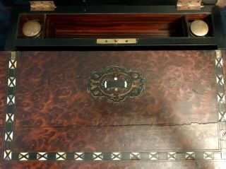 Antique Writing Travel Lap Desk Letter Box Inlaid Burl Wood Double Ink Wells 6