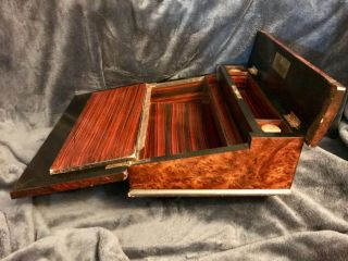 Antique Writing Travel Lap Desk Letter Box Inlaid Burl Wood Double Ink Wells 7