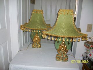 Fabulous Mcm Oriental Design Lamps Jade & Gold Buddha & Lucky Dragons