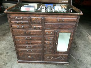 Vintage Oak Medical Or Dental Cabinet; Circa 1900s; Brass Handles; H.  E.  Domhoff