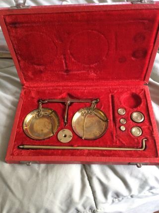 Antique Vintage Brass Or Copper Balance Scale W/ Weights And Velvet Box