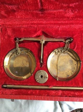 Antique vintage brass or copper balance scale w/ weights and Velvet Box 2