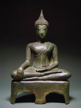 Antique Bronze Enthroned Meditating Sukhothai Buddha,  Temple Relic.  19th C.