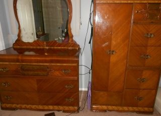 Vnt/ant Waterfall Inlaid Furniture Dresser Mirror Armoire Wardrobe 1940 - 1950s ?