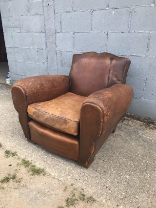 , French,  Leather Antique Club Chair,  Industrial,  Vintage