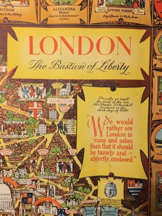 London The Bastion Of Liberty Rare Vtg 1950s Illustrated Color Map Poster 49X40 2