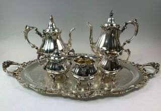 Gorgeous 6 - Pc Wallace Baroque Silver Plate Tea & Coffee Service W/ Large Tray