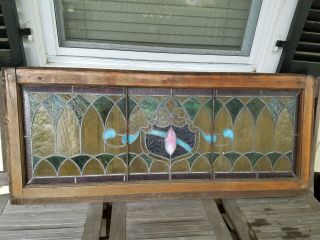 Antique Leaded Stained Glass Window Panel Frame Reclaim Salvage 48 " By 20 "
