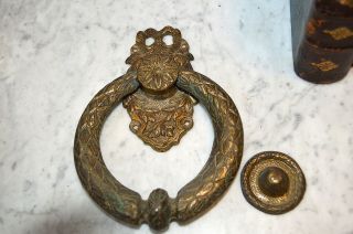 Antique French Large Bronze Door Knocker and Strike Plate Bow Laurel Wreath Swag 2