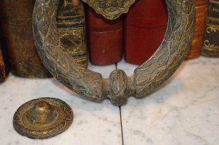 Antique French Large Bronze Door Knocker and Strike Plate Bow Laurel Wreath Swag 3