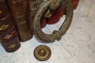 Antique French Large Bronze Door Knocker and Strike Plate Bow Laurel Wreath Swag 6
