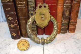 Antique French Large Bronze Door Knocker and Strike Plate Bow Laurel Wreath Swag 7