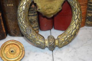 Antique French Large Bronze Door Knocker and Strike Plate Bow Laurel Wreath Swag 8