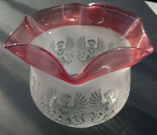 Victorian Cranberry Clear Glass Oil Lamp Shade Acid Etched Angels 4 " Fitter