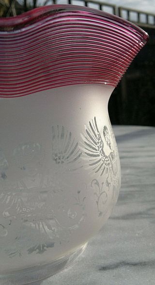 Victorian Cranberry Clear Glass Oil Lamp Shade Acid Etched Angels 4 