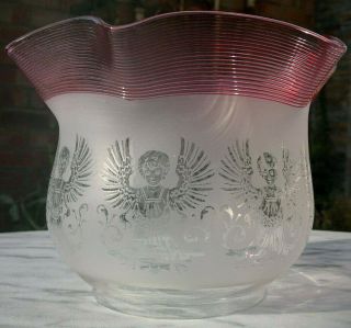 Victorian Cranberry Clear Glass Oil Lamp Shade Acid Etched Angels 4 