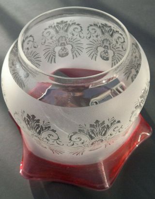 Victorian Cranberry Clear Glass Oil Lamp Shade Acid Etched Angels 4 