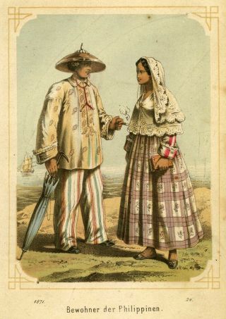 Philippines,  People In Costumes,  Colour Lithograph From 1874
