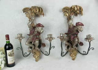Pair French Xl 1970 Wall Candle Holder Sconces Candlesticks Monkey Pirate Palm