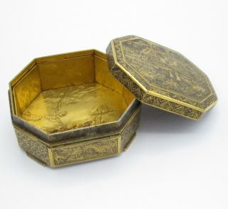 Antique Japanese Damascene Octagonal Brass Box,  Beautifully Hand Crafted,  NR 8
