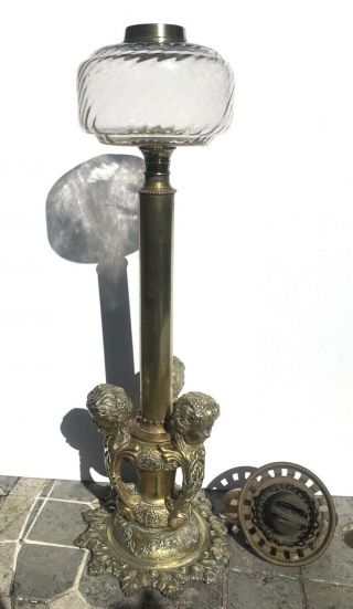 Victorian Large Puti Brass Oil Lamp With Glass Reservoir And Globe Shade