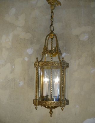 4 Lights Old Brass Hanging Lantern Chandelier Lamp Foyer Brass Antique Shape