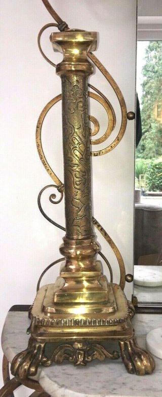 Antique Huge Engraved Brass Oil Lamp Base Lion Paw Feet
