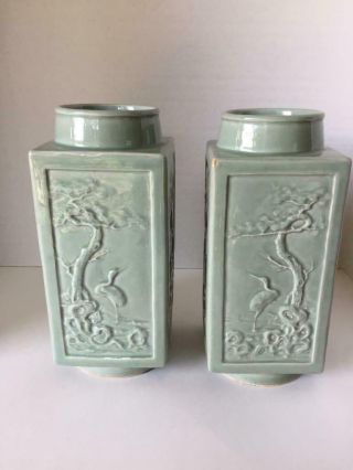 Signed Pair Celadon Chinese Antique Republican Porcelain Cong Vases