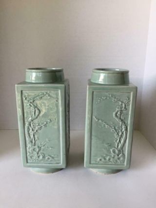 Signed Pair Celadon Chinese Antique Republican Porcelain Cong Vases 2
