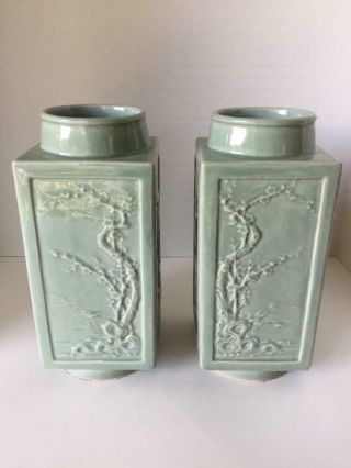 Signed Pair Celadon Chinese Antique Republican Porcelain Cong Vases 3