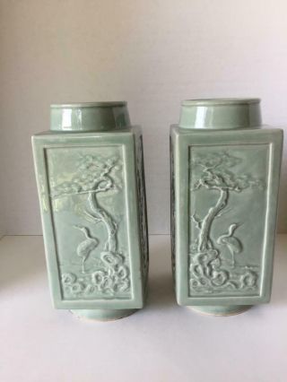 Signed Pair Celadon Chinese Antique Republican Porcelain Cong Vases 4