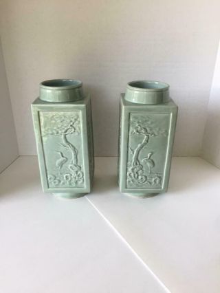 Signed Pair Celadon Chinese Antique Republican Porcelain Cong Vases 5