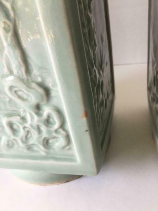 Signed Pair Celadon Chinese Antique Republican Porcelain Cong Vases 8