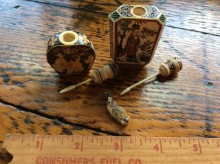 2 Asian Stone Snuff Bottles And Dice Holder