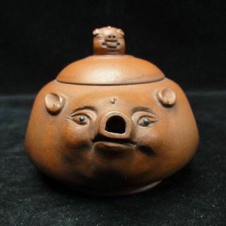 Fine Old Chinese Zisha Pottery Hand Carving Pig Teapot Marked " Chenmingyuan "