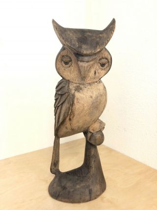 Vintage Folk Art Solid Wood Hand Carved Owl Single Log 14” Unique Rare