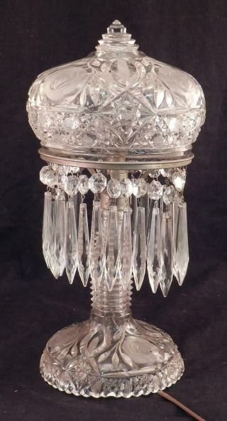 Antique American Brilliant Cut Glass Mushroom Table Lamp 30 Crystal Prisms Vgc