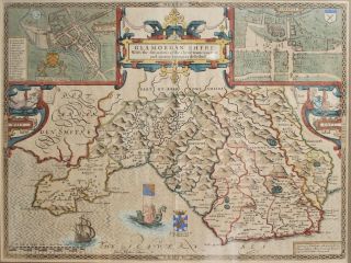 Antique C17th John Speede Map,  Wales,  Cardiff,  Glamorganshire 1610,  Dual Aspect