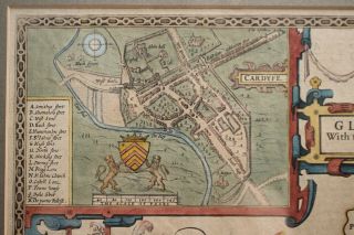 Antique c17th John Speede Map,  Wales,  Cardiff,  Glamorganshire 1610,  Dual Aspect 5