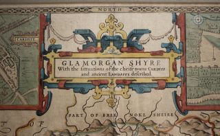 Antique c17th John Speede Map,  Wales,  Cardiff,  Glamorganshire 1610,  Dual Aspect 6