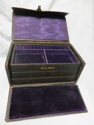 ANTIQUE SALEMAN SAMPLE JEWELRY TRAVEL CASE,  SECTIONED TRAVELING LEATHER CASE,  BOX 4