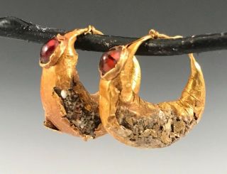 Ancient Roman - Byzantine Gold And Garnet Hoop Earrings A Pair Wirh Character