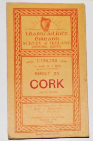 Large Co.  Cork Ordnance Survey Map Of Ireland Sheet 25 On Linen Color 32x28in