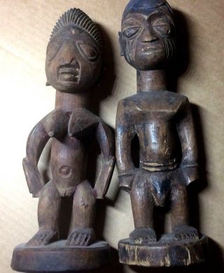 Antique Yoruba Ibeji Male and Female African Sculpture Wooden Statues 3