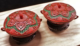 Chinese Cinnabar Carved Laquer Boxes Mid Century 73cons - 1