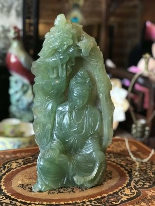 Translucent Green Jade Statue,  Over 12 " Tall,  Buddha Under Tree