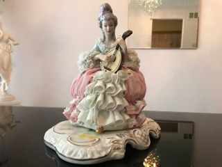 Large,  Fine Vintage Capodimonte Dresden Lace Victorian Woman Porcelain Figurine